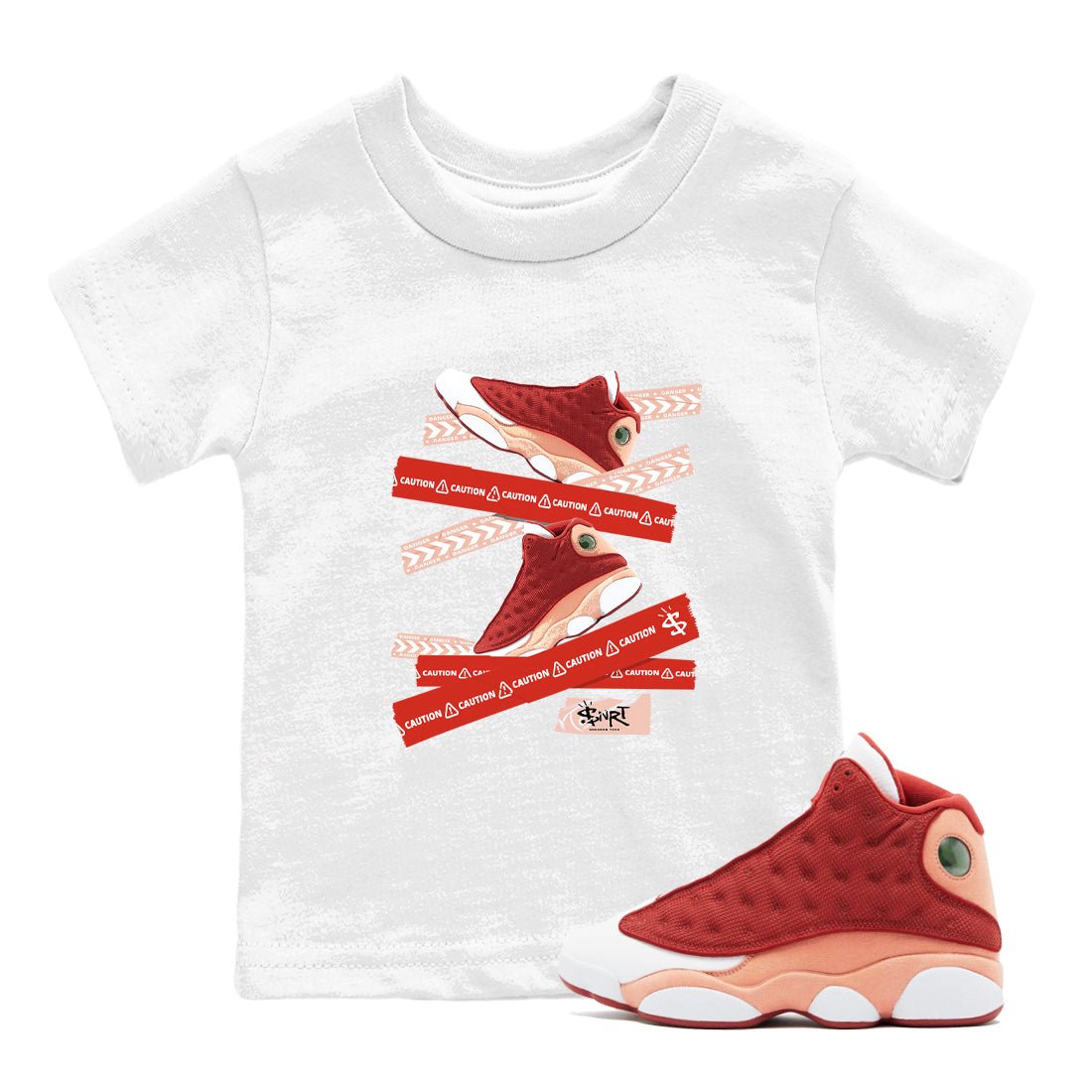 Air Jordan 13 Dune Red shirts to match jordans Caution Tape sneaker match tees AJ13 Dune Red Sneaker Shirts SNRT Sneaker Tees streetwear brand Baby and Youth White 1 cotton tee