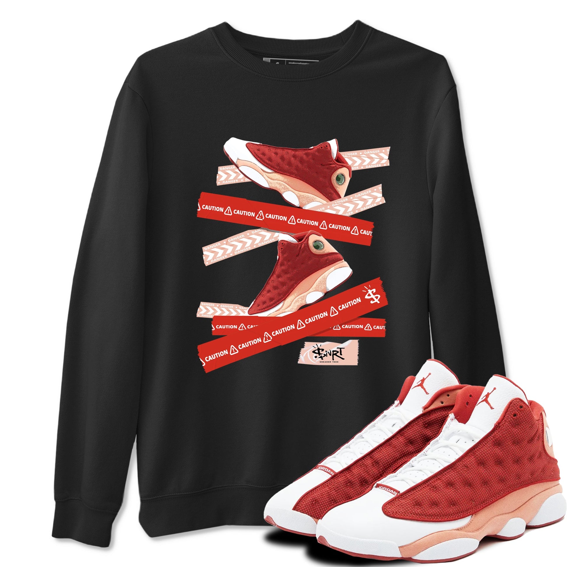 Air Jordan 13 Dune Red shirts to match jordans Caution Tape sneaker match tees AJ13 Dune Red Sneaker Shirts SNRT Sneaker Tees streetwear brand Black 1 unisex cotton tee