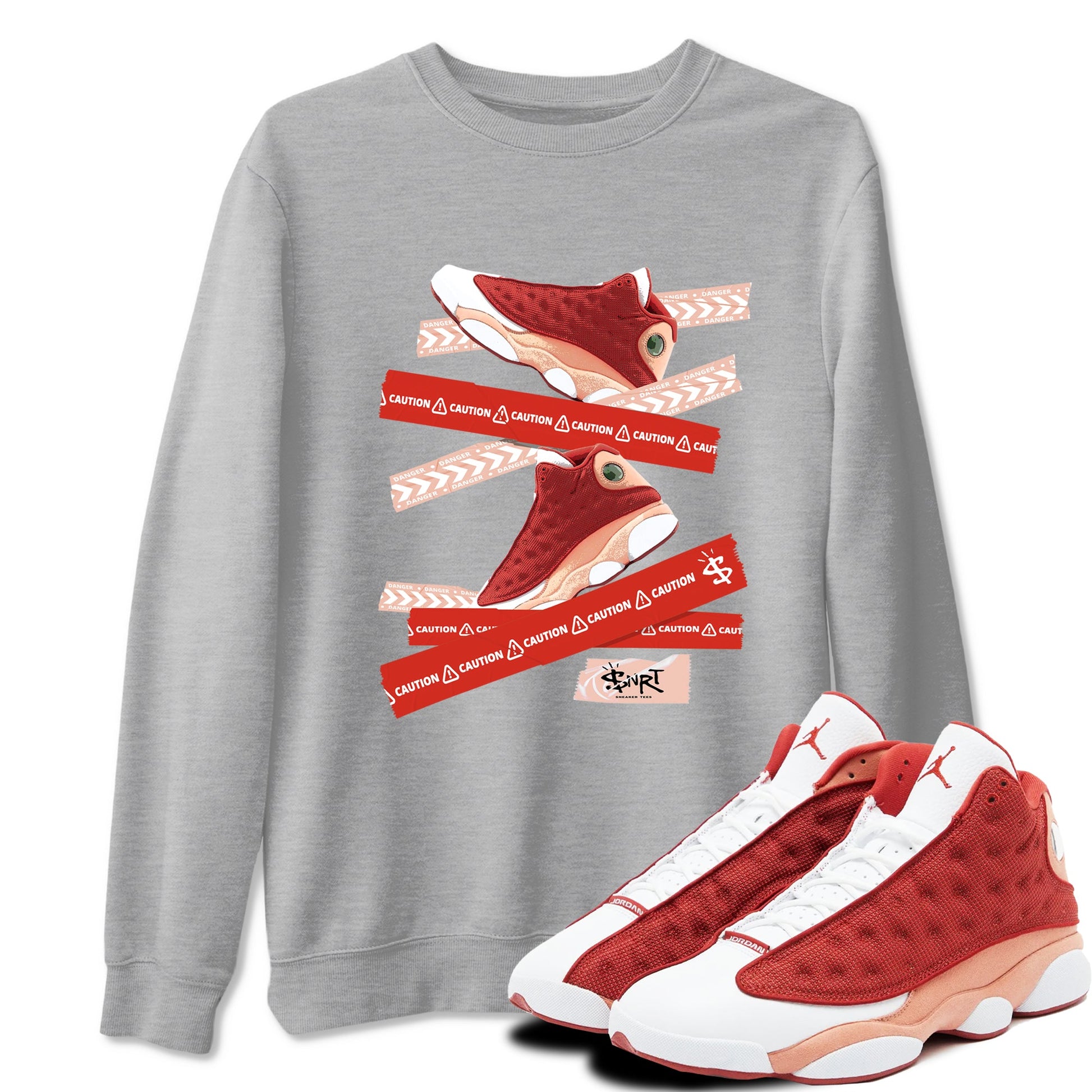 Air Jordan 13 Dune Red shirts to match jordans Caution Tape sneaker match tees AJ13 Dune Red Sneaker Shirts SNRT Sneaker Tees streetwear brand Heather Grey 1 unisex cotton tee