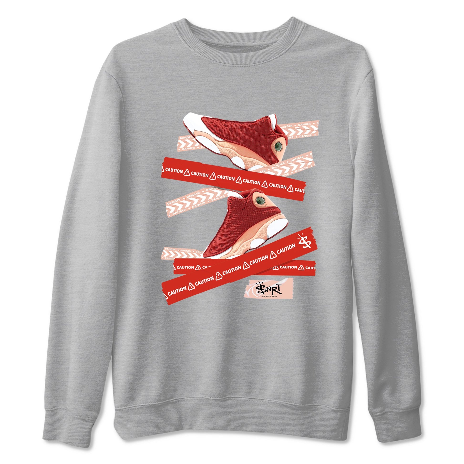 Air Jordan 13 Dune Red shirts to match jordans Caution Tape sneaker match tees AJ13 Dune Red Sneaker Shirts SNRT Sneaker Tees streetwear brand Heather Grey 2 unisex cotton tee