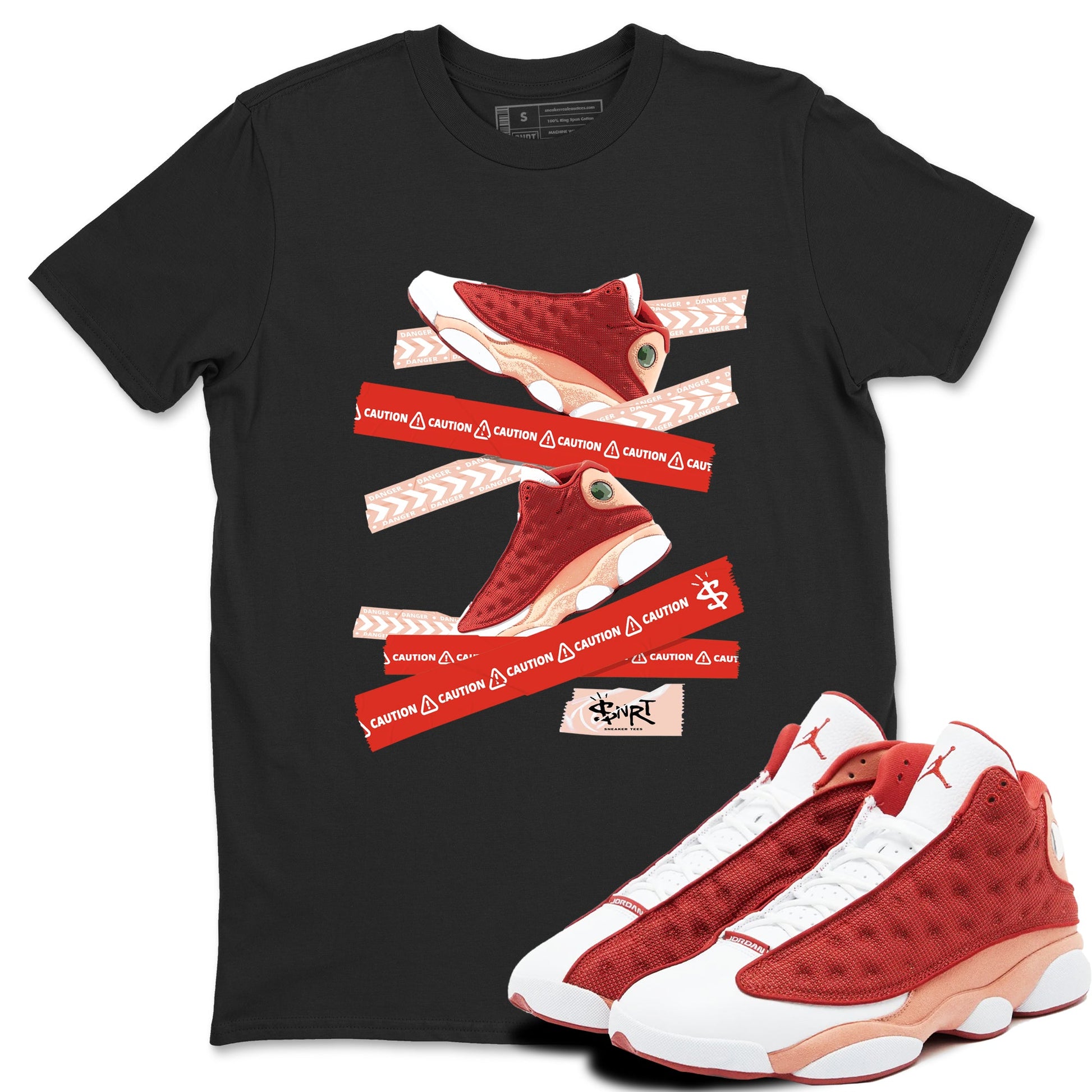 Air Jordan 13 Dune Red shirts to match jordans Caution Tape sneaker match tees AJ13 Dune Red Sneaker Shirts SNRT Sneaker Tees streetwear brand Black 1 unisex cotton tee