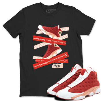 Air Jordan 13 Dune Red shirts to match jordans Caution Tape sneaker match tees AJ13 Dune Red Sneaker Shirts SNRT Sneaker Tees streetwear brand Black 1 unisex cotton tee