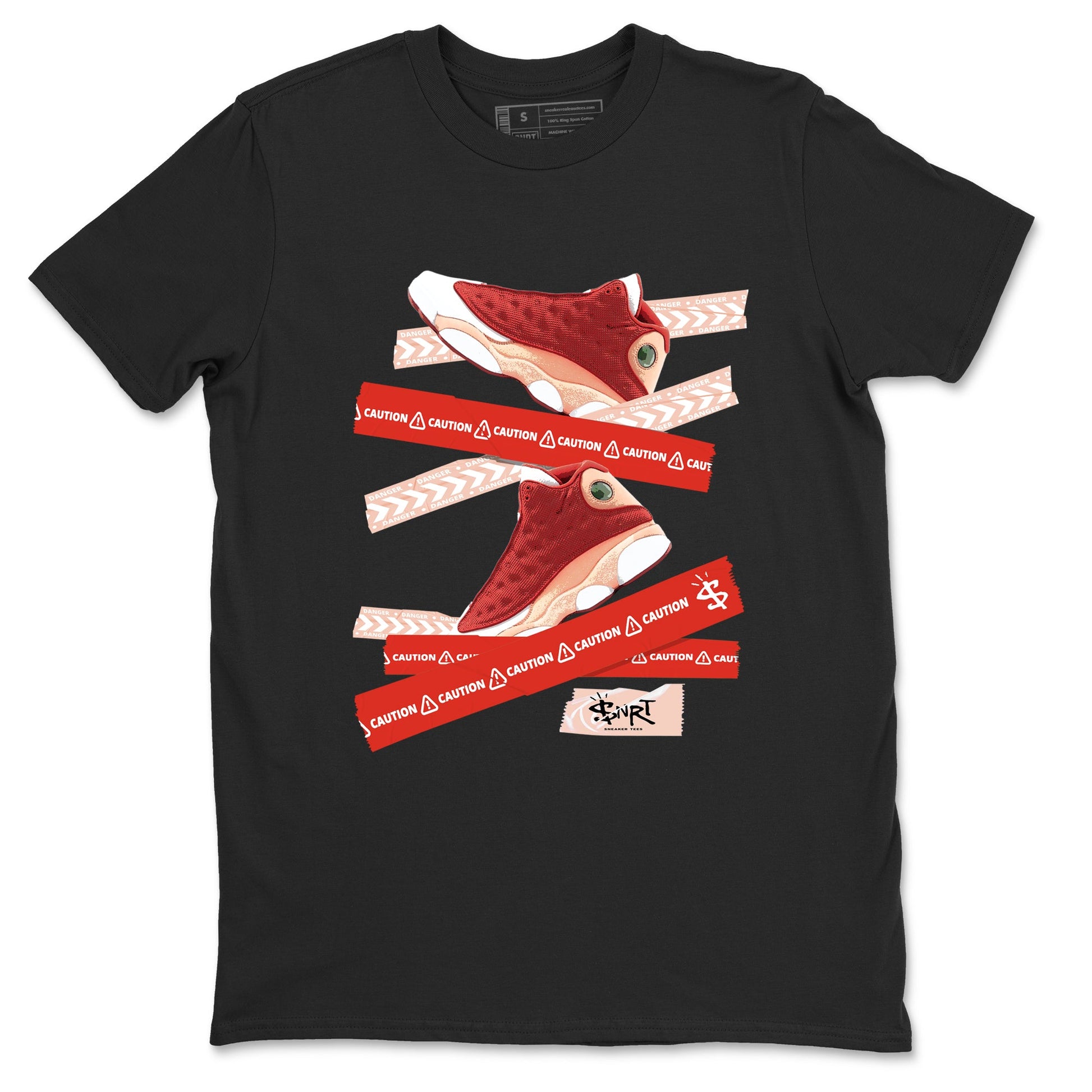 Air Jordan 13 Dune Red shirts to match jordans Caution Tape sneaker match tees AJ13 Dune Red Sneaker Shirts SNRT Sneaker Tees streetwear brand Black 2 unisex cotton tee