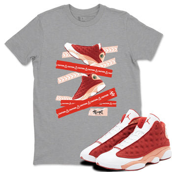 Air Jordan 13 Dune Red shirts to match jordans Caution Tape sneaker match tees AJ13 Dune Red Sneaker Shirts SNRT Sneaker Tees streetwear brand Heather Grey 1 unisex cotton tee