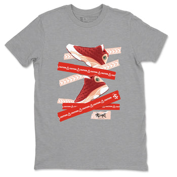 Air Jordan 13 Dune Red shirts to match jordans Caution Tape sneaker match tees AJ13 Dune Red Sneaker Shirts SNRT Sneaker Tees streetwear brand Heather Grey 2 unisex cotton tee