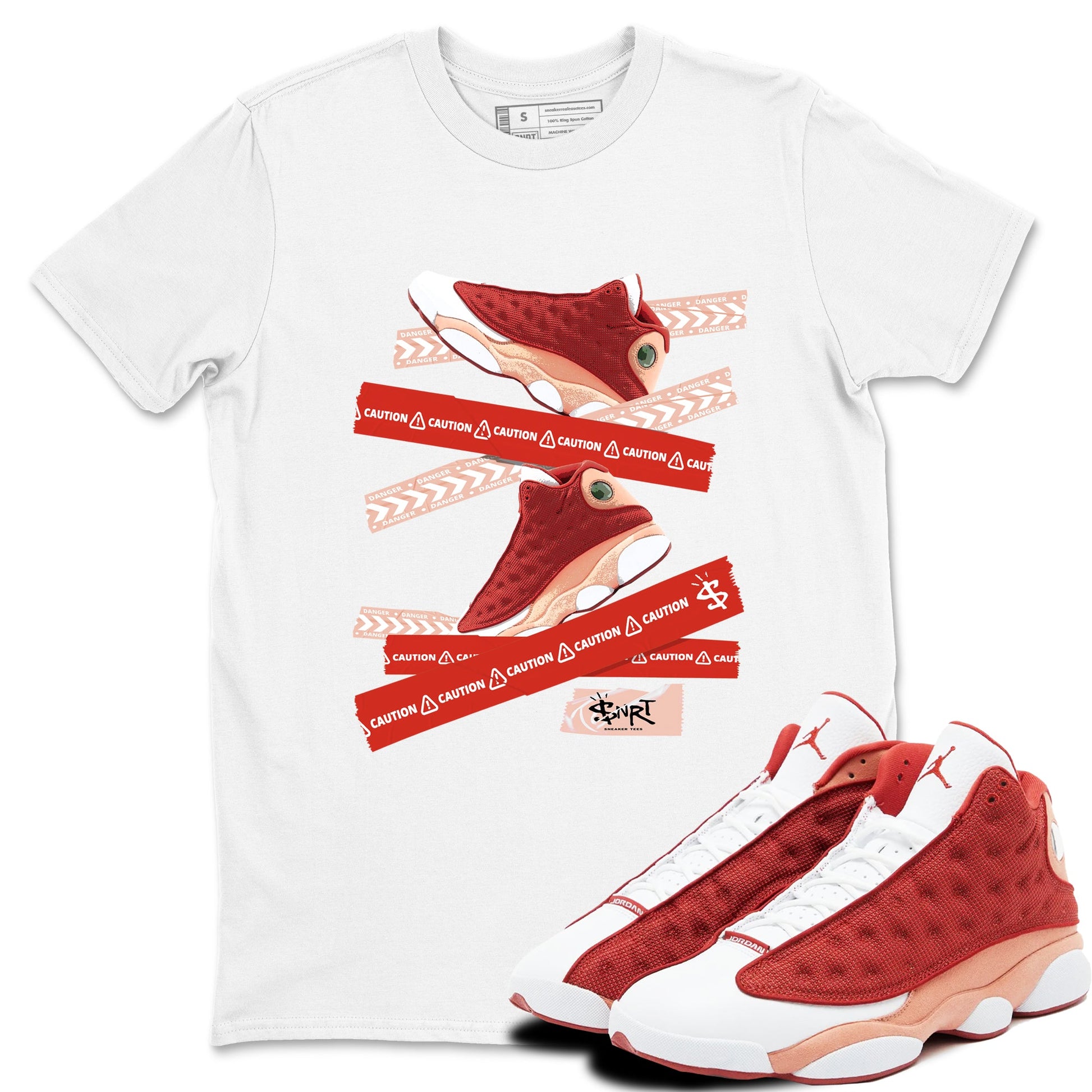 Air Jordan 13 Dune Red shirts to match jordans Caution Tape sneaker match tees AJ13 Dune Red Sneaker Shirts SNRT Sneaker Tees streetwear brand White 1 unisex cotton tee