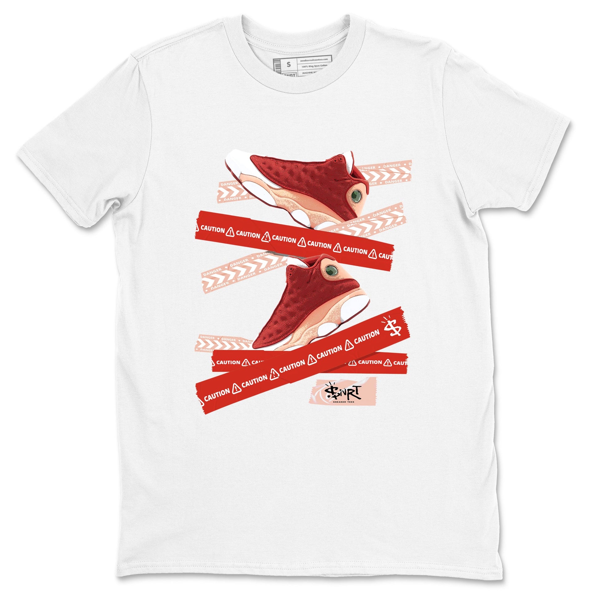 Air Jordan 13 Dune Red shirts to match jordans Caution Tape sneaker match tees AJ13 Dune Red Sneaker Shirts SNRT Sneaker Tees streetwear brand White 2 unisex cotton tee