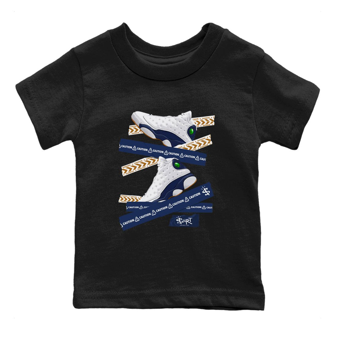 13s Midnight Navy shirts to match jordans Caution Tape sneaker match tees Air Jordan 13 Midnight Navy SNRT Sneaker Release Tees Youth Baby Black 2 crew neck shirts