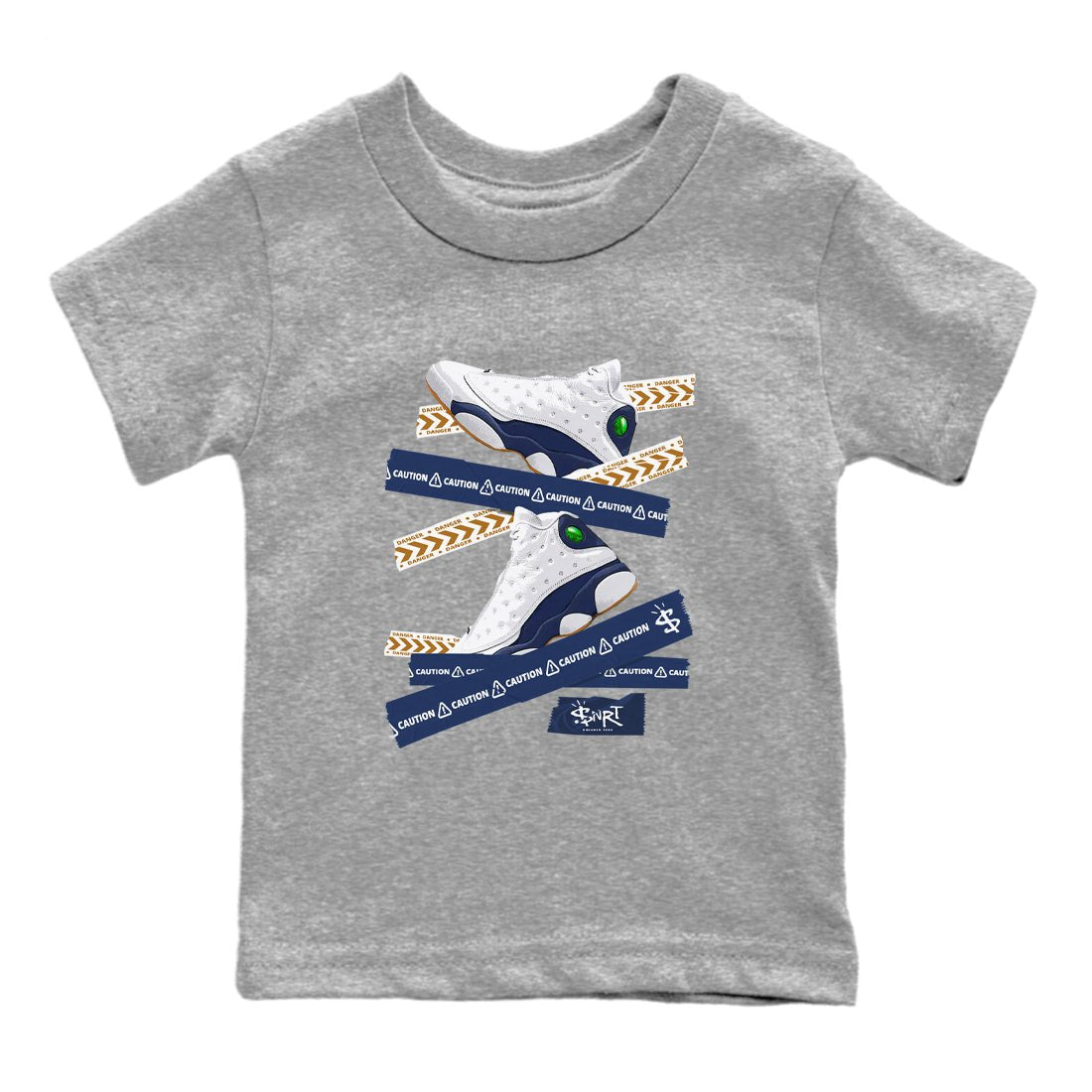 13s Midnight Navy shirts to match jordans Caution Tape sneaker match tees Air Jordan 13 Midnight Navy SNRT Sneaker Release Tees Youth Baby Heather Grey 2 crew neck shirts