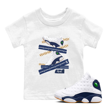 13s Midnight Navy shirts to match jordans Caution Tape sneaker match tees Air Jordan 13 Midnight Navy SNRT Sneaker Release Tees Youth Baby White 1 crew neck shirts