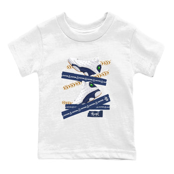 13s Midnight Navy shirts to match jordans Caution Tape sneaker match tees Air Jordan 13 Midnight Navy SNRT Sneaker Release Tees Youth Baby White 2 crew neck shirts