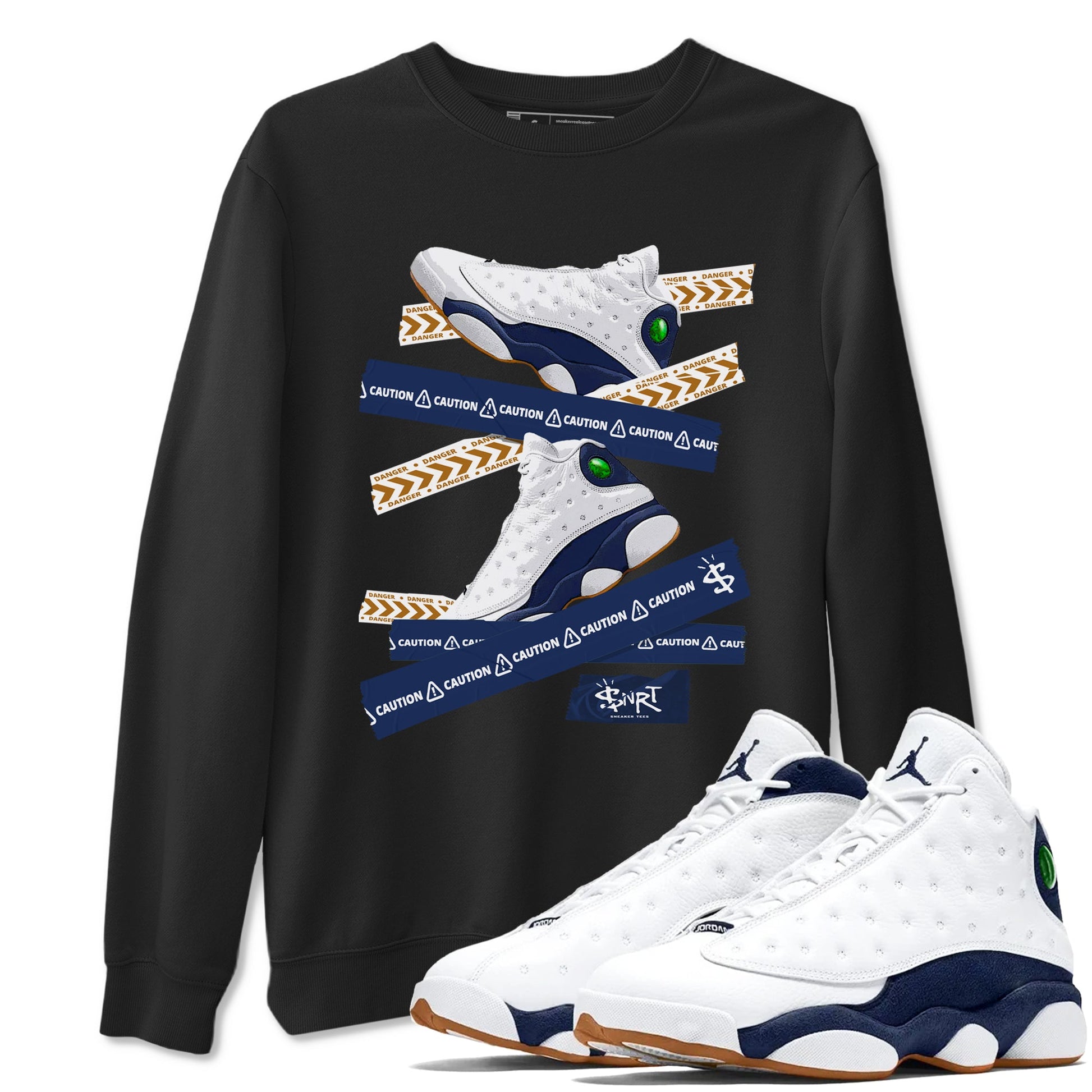 13s Midnight Navy shirts to match jordans Caution Tape sneaker match tees Air Jordan 13 Midnight Navy SNRT Sneaker Release Tees unisex cotton Black 1 crew neck shirts