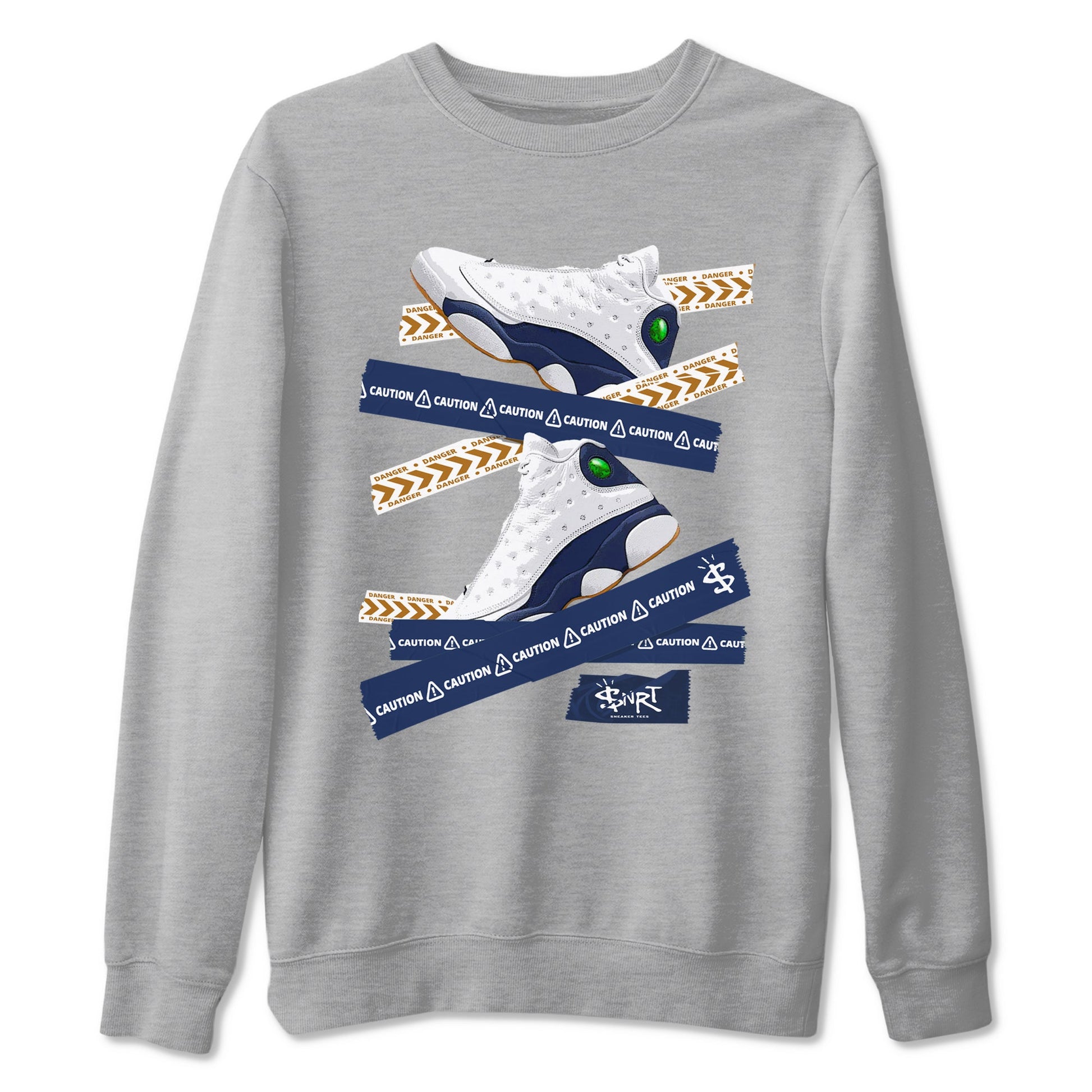 13s Midnight Navy shirts to match jordans Caution Tape sneaker match tees Air Jordan 13 Midnight Navy SNRT Sneaker Release Tees unisex cotton Heather Grey 2 crew neck shirts