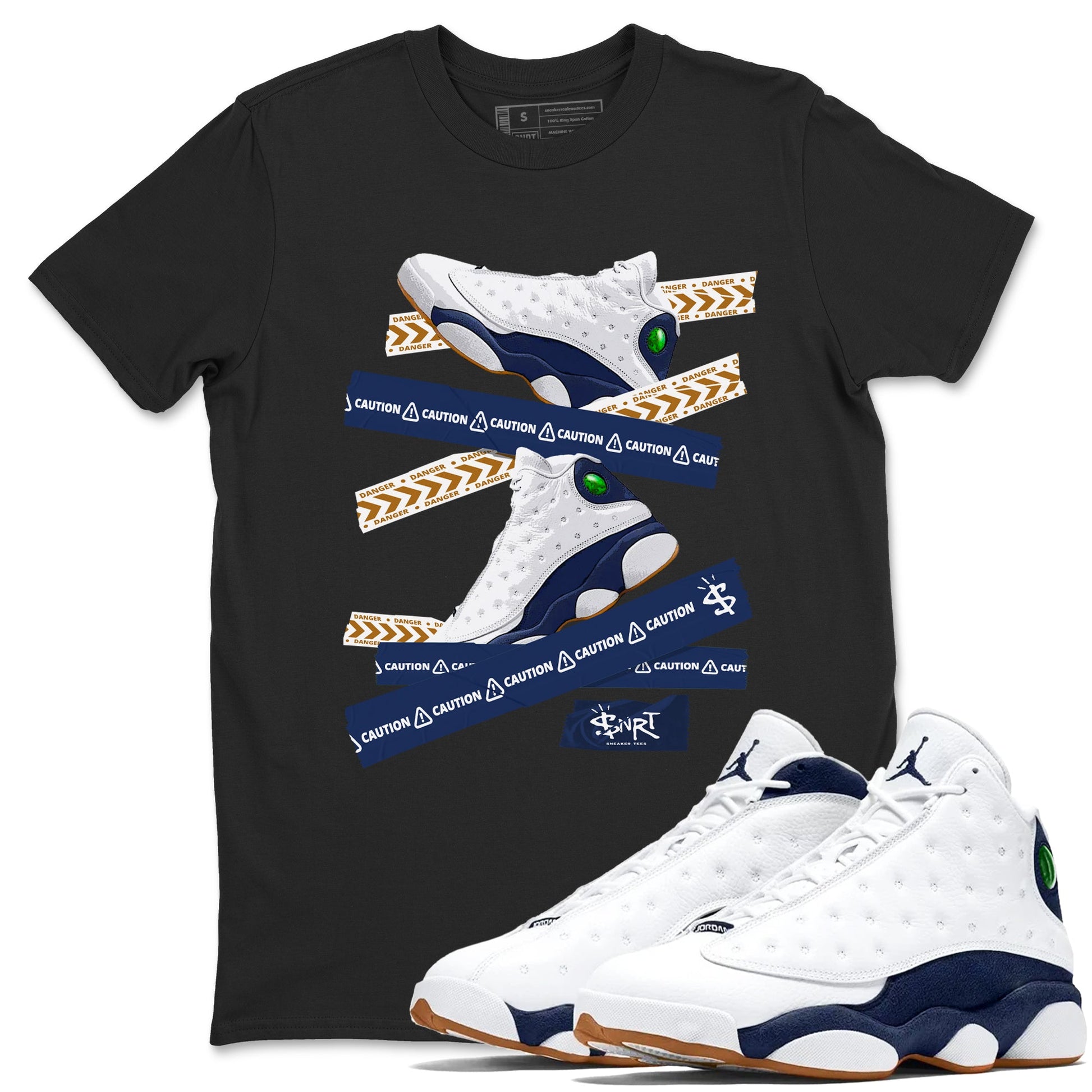 13s Midnight Navy shirts to match jordans Caution Tape sneaker match tees Air Jordan 13 Midnight Navy SNRT Sneaker Release Tees unisex cotton Black 1 crew neck shirts