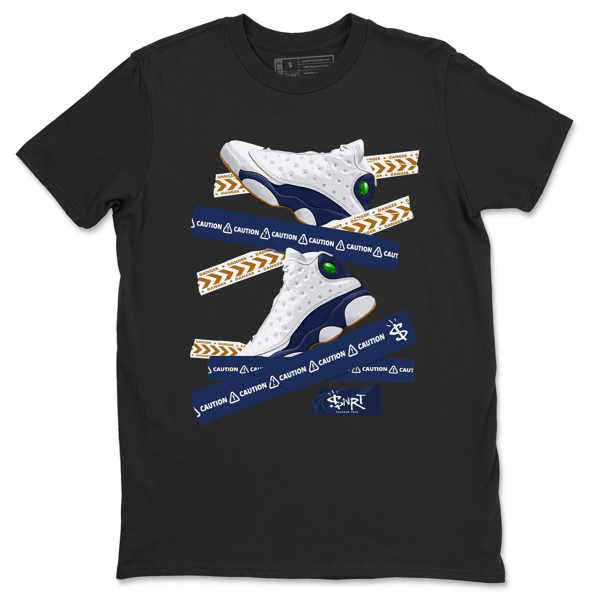 13s Midnight Navy shirts to match jordans Caution Tape sneaker match tees Air Jordan 13 Midnight Navy SNRT Sneaker Release Tees unisex cotton Black 2 crew neck shirts