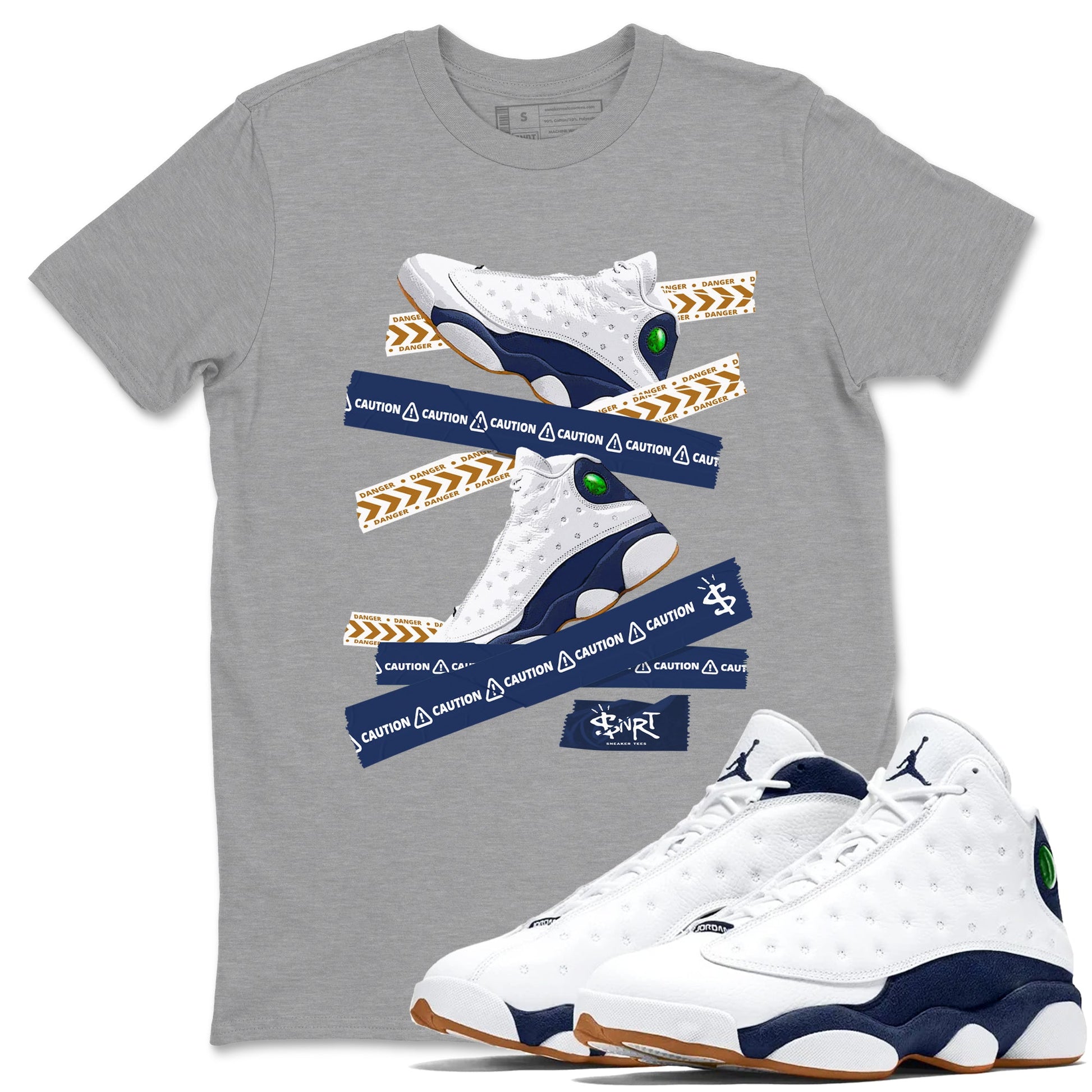 13s Midnight Navy shirts to match jordans Caution Tape sneaker match tees Air Jordan 13 Midnight Navy SNRT Sneaker Release Tees unisex cotton Heather Grey 1 crew neck shirts
