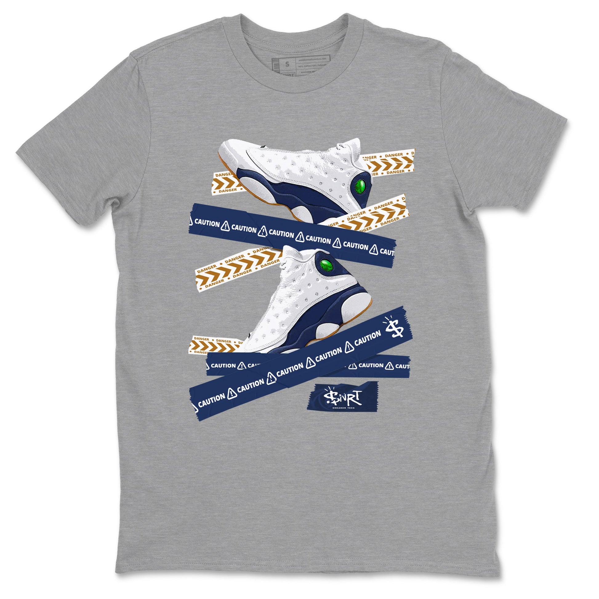 13s Midnight Navy shirts to match jordans Caution Tape sneaker match tees Air Jordan 13 Midnight Navy SNRT Sneaker Release Tees unisex cotton Heather Grey 2 crew neck shirts