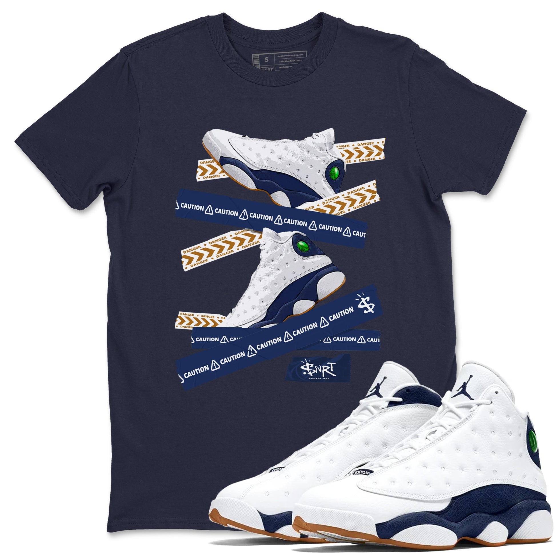13s Midnight Navy shirts to match jordans Caution Tape sneaker match tees Air Jordan 13 Midnight Navy SNRT Sneaker Release Tees unisex cotton Navy 1 crew neck shirts