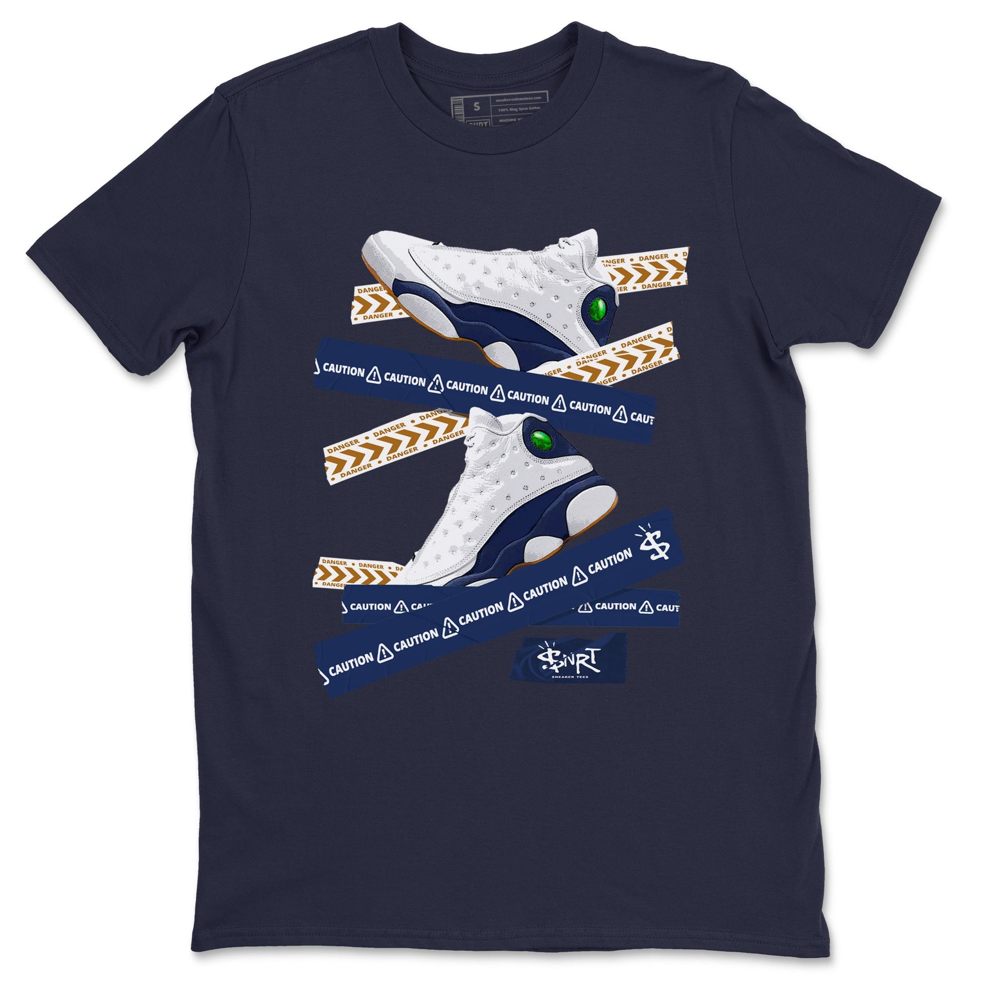 13s Midnight Navy shirts to match jordans Caution Tape sneaker match tees Air Jordan 13 Midnight Navy SNRT Sneaker Release Tees unisex cotton Navy 2 crew neck shirts