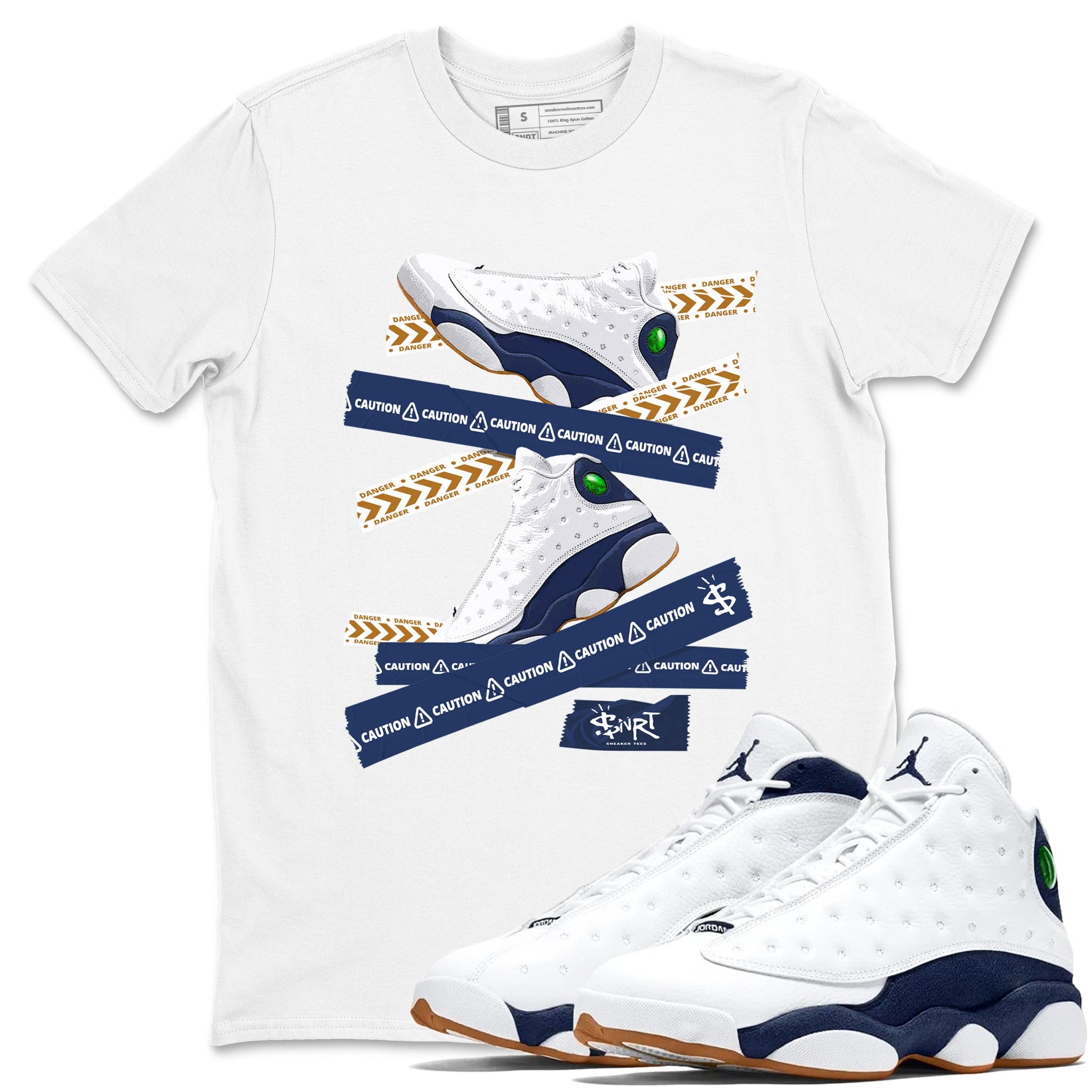 13s Midnight Navy shirts to match jordans Caution Tape sneaker match tees Air Jordan 13 Midnight Navy SNRT Sneaker Release Tees unisex cotton White 1 crew neck shirts