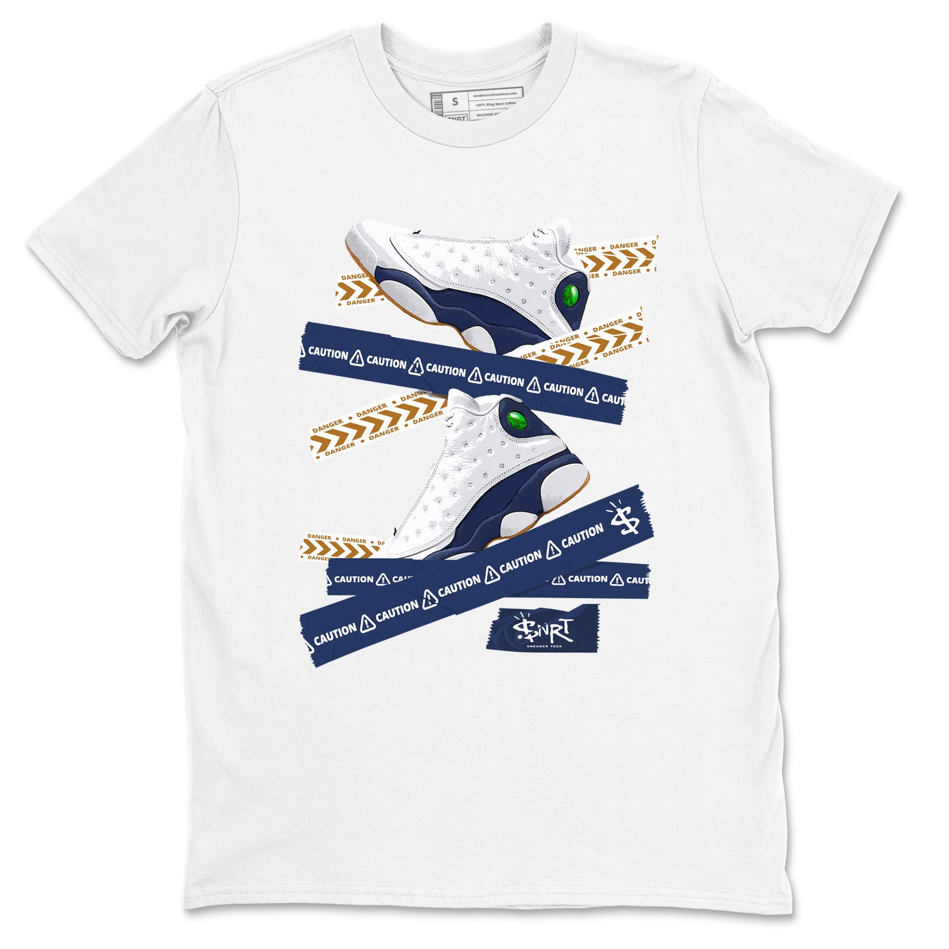 13s Midnight Navy shirts to match jordans Caution Tape sneaker match tees Air Jordan 13 Midnight Navy SNRT Sneaker Release Tees unisex cotton White 2 crew neck shirts