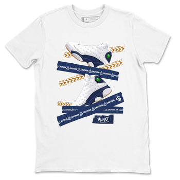 13s Midnight Navy shirts to match jordans Caution Tape sneaker match tees Air Jordan 13 Midnight Navy SNRT Sneaker Release Tees unisex cotton White 2 crew neck shirts