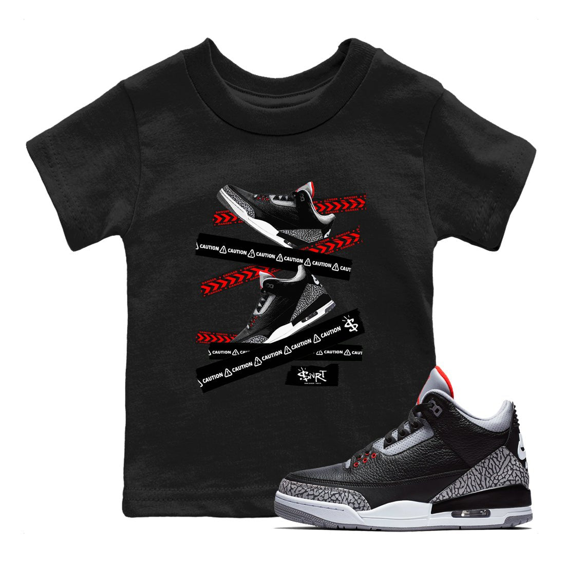 3s Black Cement shirts to match jordans Caution Tape sneaker match tees Air Jordan 3 Retro OG Black Cement match shoes to clothes SNRT Sneaker Tees Youth Baby Black 1 tee