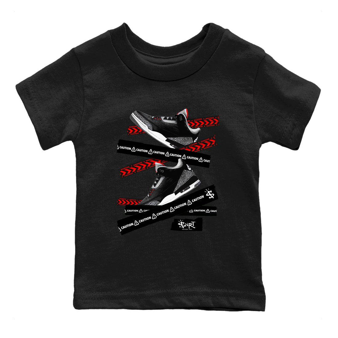 3s Black Cement shirts to match jordans Caution Tape sneaker match tees Air Jordan 3 Retro OG Black Cement match shoes to clothes SNRT Sneaker Tees Youth Baby Black 2 tee