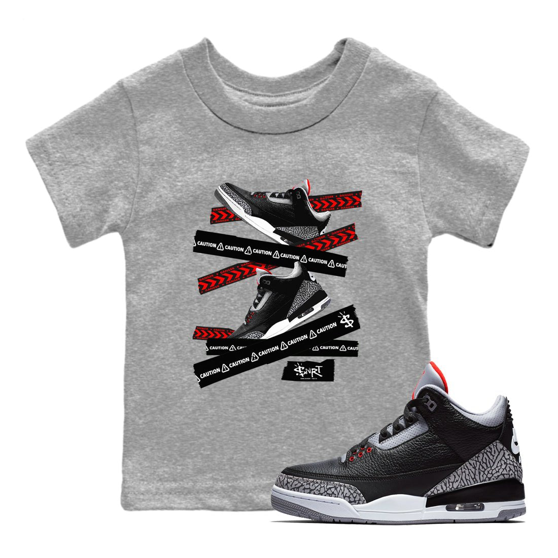 3s Black Cement shirts to match jordans Caution Tape sneaker match tees Air Jordan 3 Retro OG Black Cement match shoes to clothes SNRT Sneaker Tees Youth Baby Heather Grey 1 tee