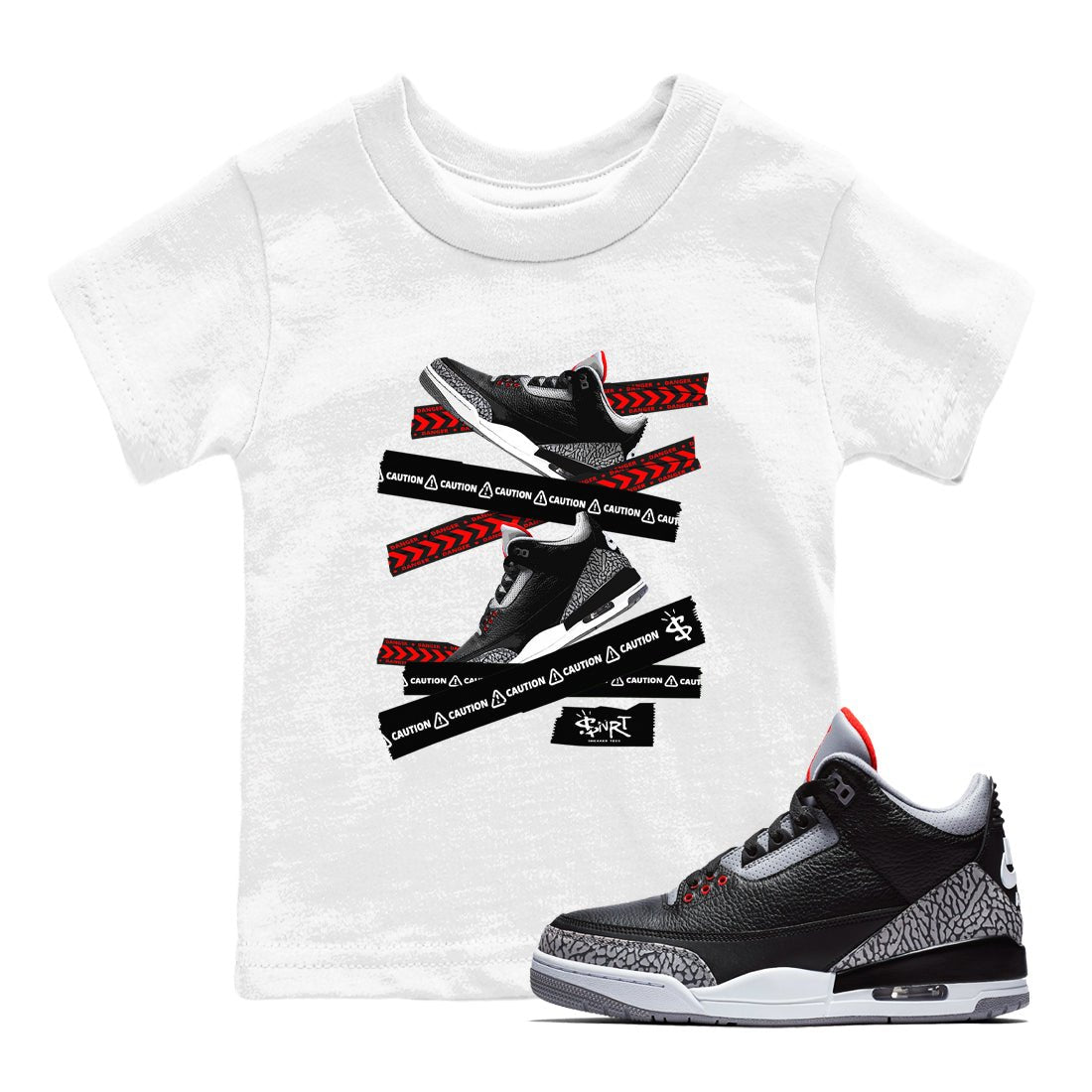 3s Black Cement shirts to match jordans Caution Tape sneaker match tees Air Jordan 3 Retro OG Black Cement match shoes to clothes SNRT Sneaker Tees Youth Baby White 1 tee