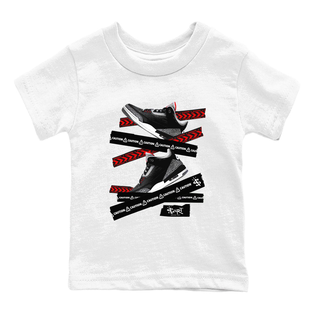 3s Black Cement shirts to match jordans Caution Tape sneaker match tees Air Jordan 3 Retro OG Black Cement match shoes to clothes SNRT Sneaker Tees Youth Baby White 2 tee