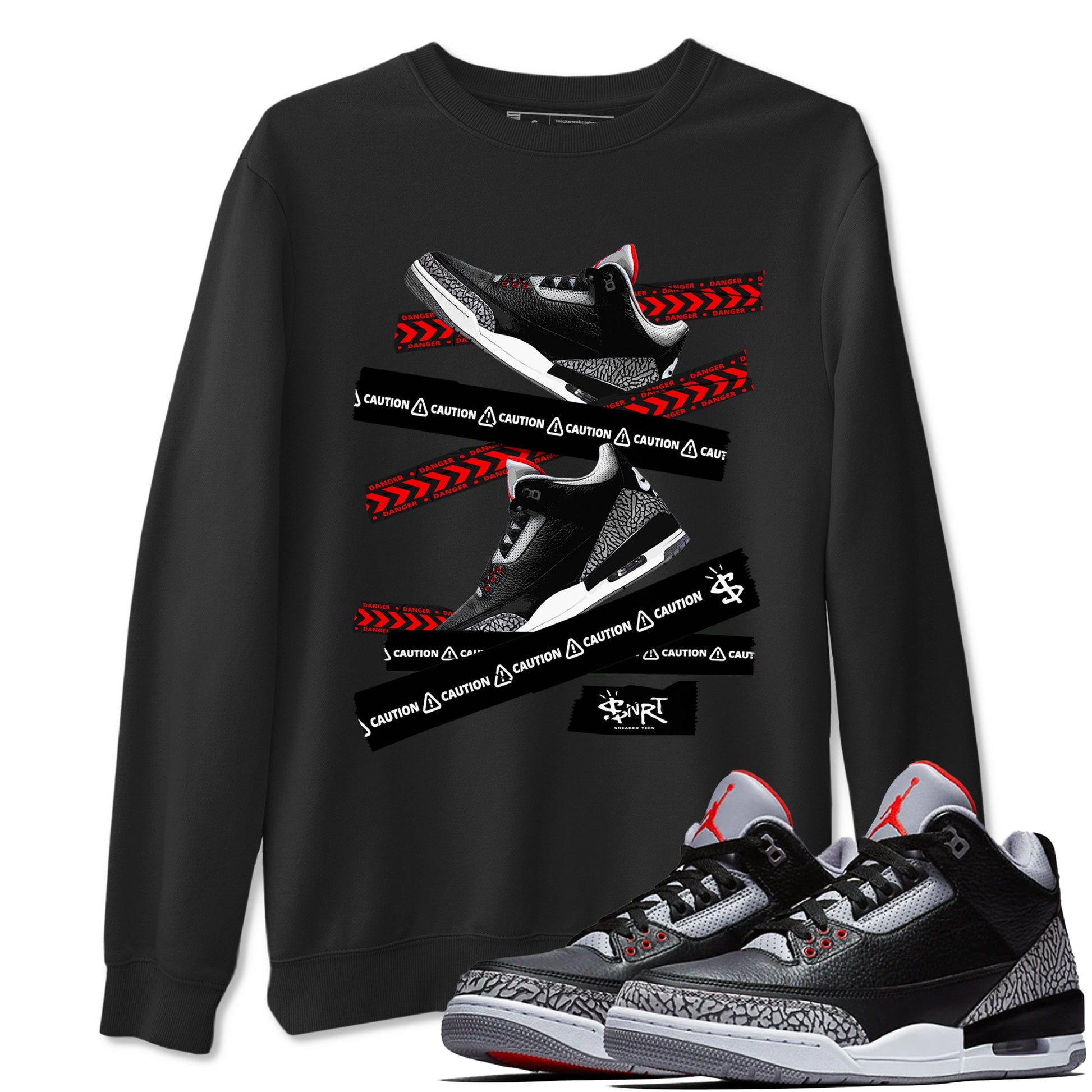 3s Black Cement shirts to match jordans Caution Tape sneaker match tees Air Jordan 3 Retro OG Black Cement match shoes to clothes SNRT Sneaker Tees unisex cotton Black 1 shirts