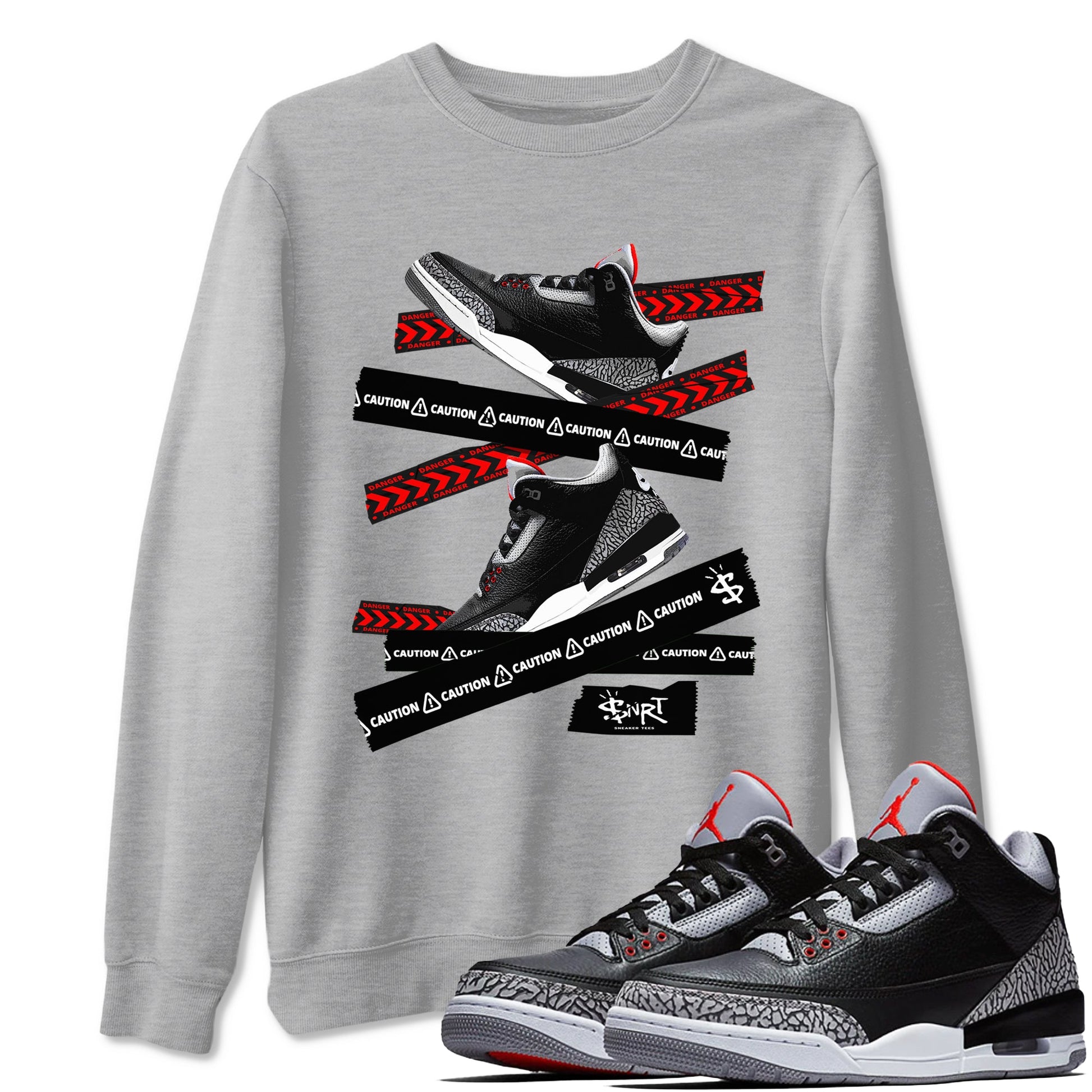 3s Black Cement shirts to match jordans Caution Tape sneaker match tees Air Jordan 3 Retro OG Black Cement match shoes to clothes SNRT Sneaker Tees unisex cotton Heather Grey 1 shirts