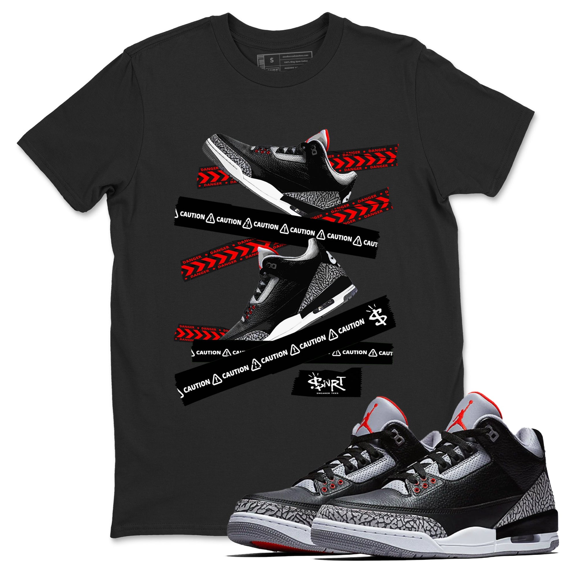 3s Black Cement shirts to match jordans Caution Tape sneaker match tees Air Jordan 3 Retro OG Black Cement match shoes to clothes SNRT Sneaker Tees unisex cotton Black 1 shirts