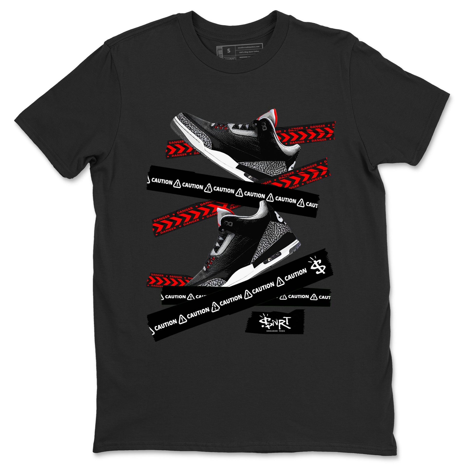 3s Black Cement shirts to match jordans Caution Tape sneaker match tees Air Jordan 3 Retro OG Black Cement match shoes to clothes SNRT Sneaker Tees unisex cotton Black 2 shirts