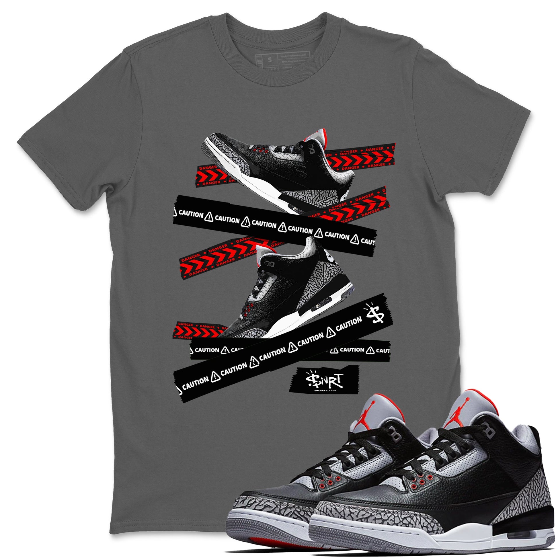 3s Black Cement shirts to match jordans Caution Tape sneaker match tees Air Jordan 3 Retro OG Black Cement match shoes to clothes SNRT Sneaker Tees unisex cotton Cool Grey 1 shirts