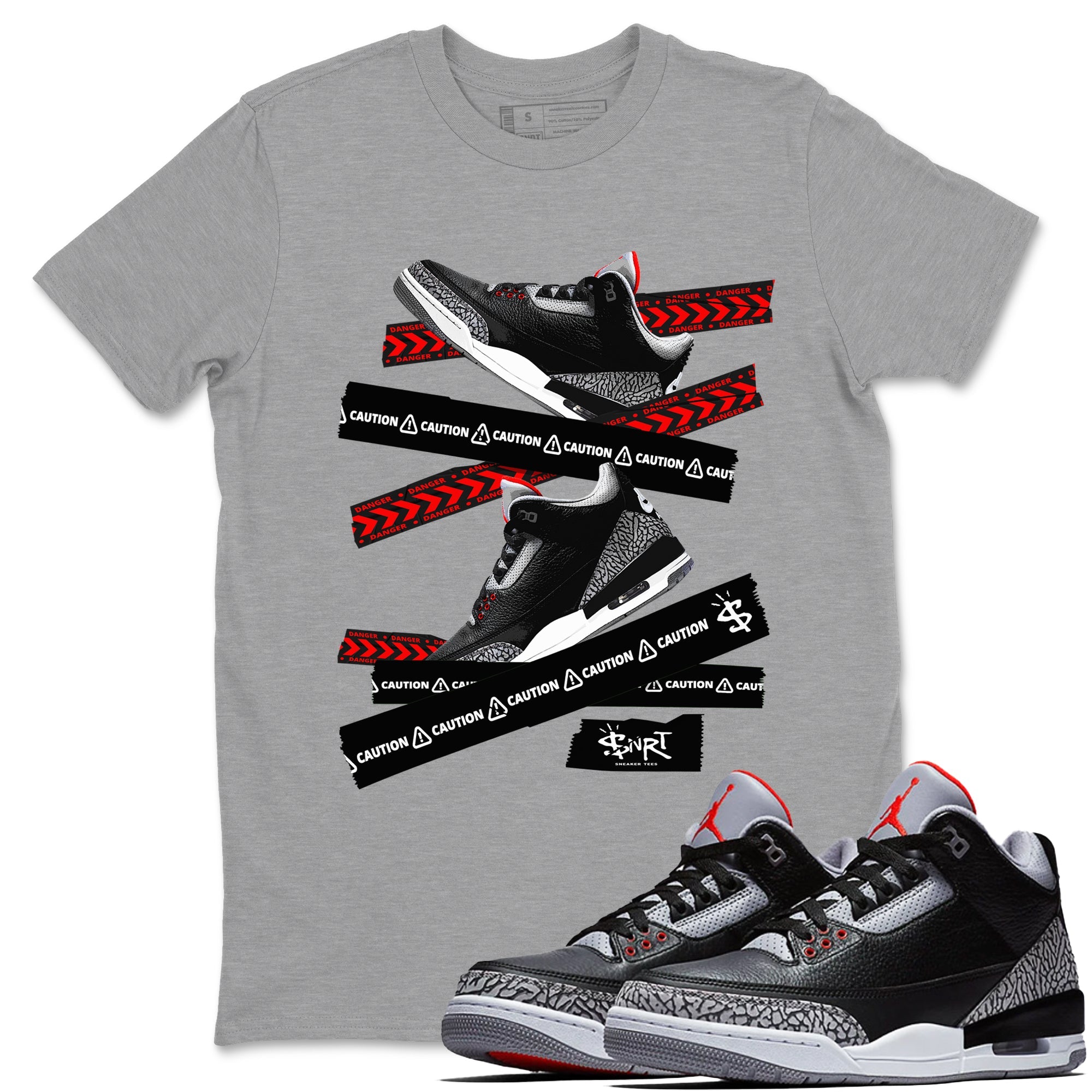 3s Black Cement shirts to match jordans Caution Tape sneaker match tees Air Jordan 3 Retro OG Black Cement match shoes to clothes SNRT Sneaker Tees unisex cotton Heather Grey 1 shirts