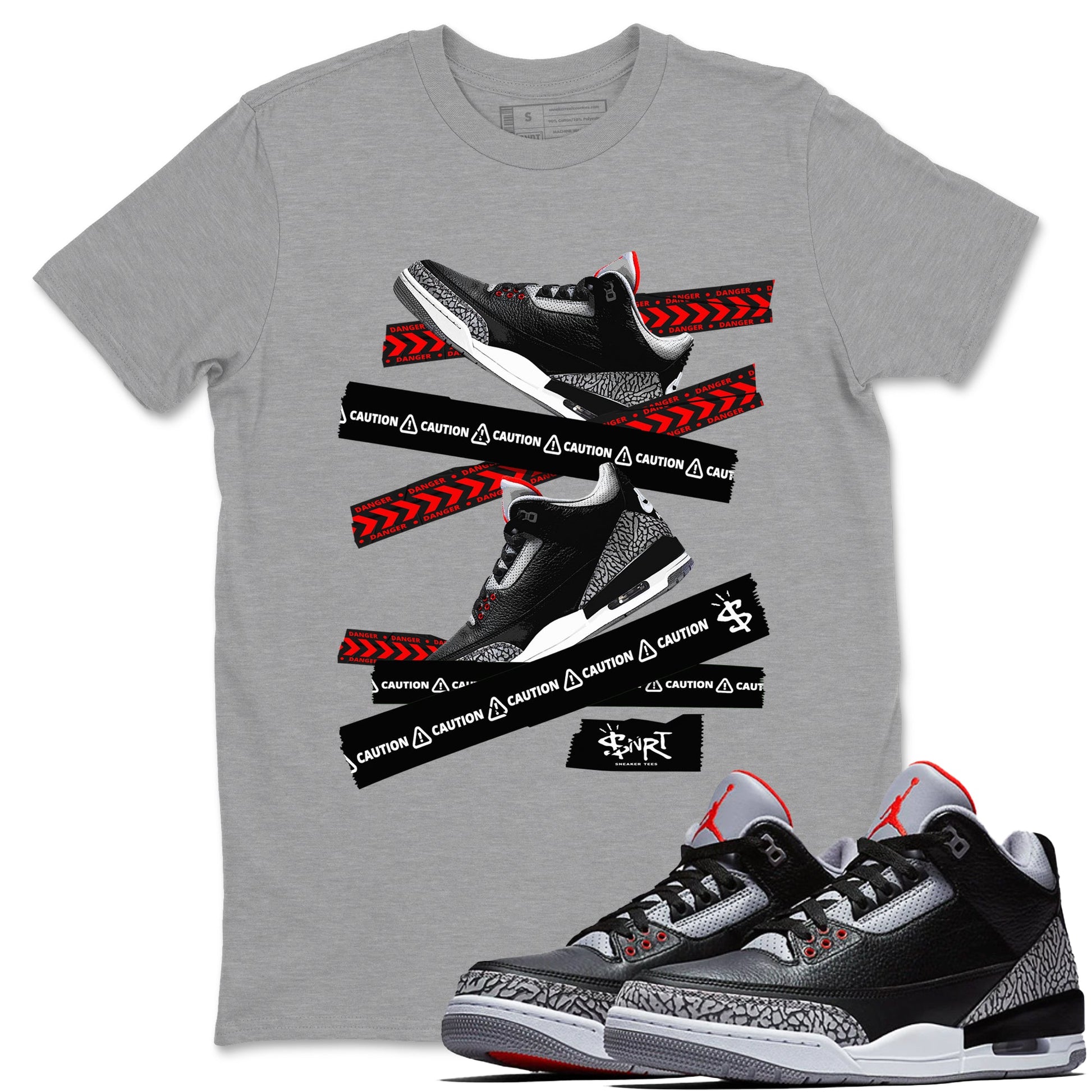 3s Black Cement shirts to match jordans Caution Tape sneaker match tees Air Jordan 3 Retro OG Black Cement match shoes to clothes SNRT Sneaker Tees unisex cotton Heather Grey 1 shirts