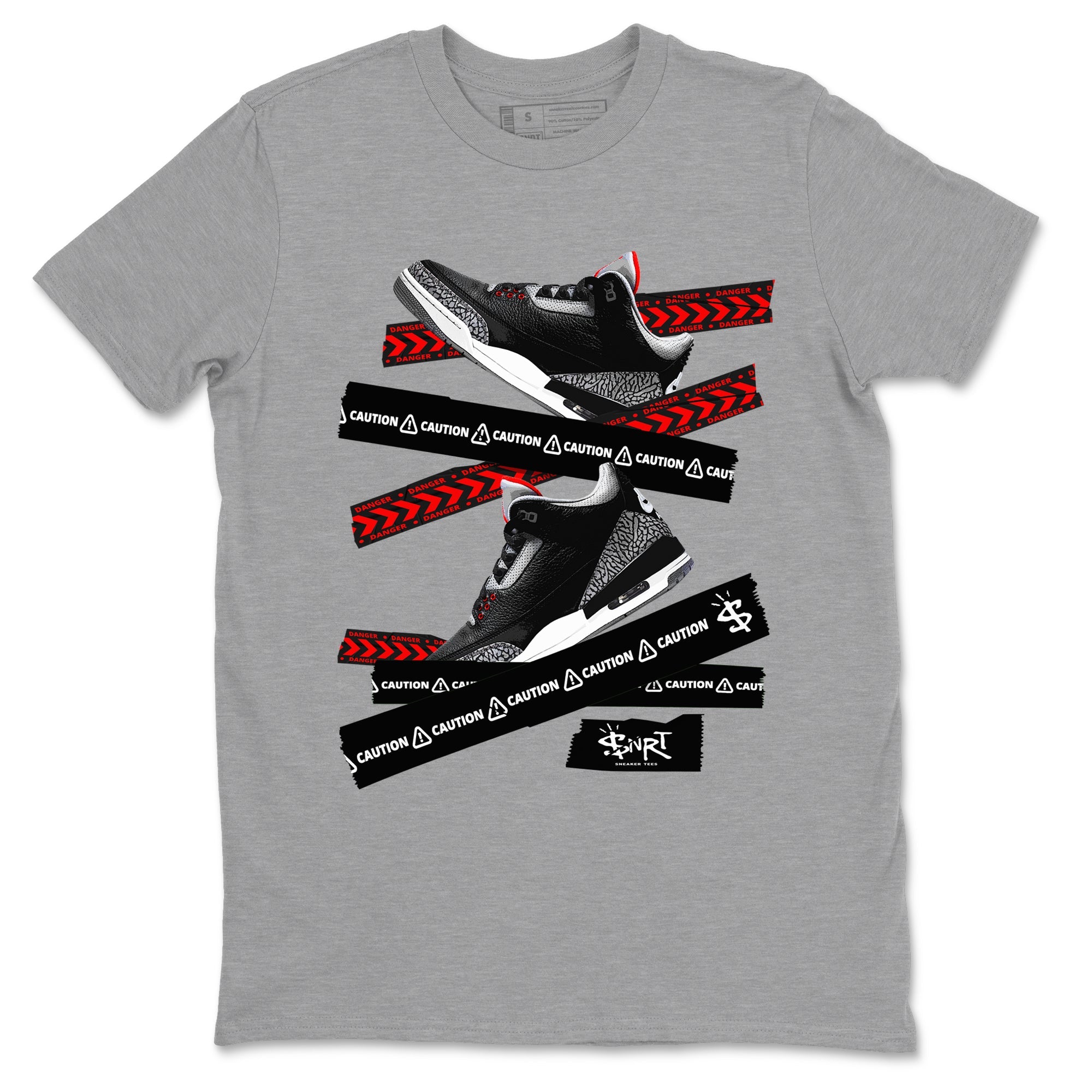 3s Black Cement shirts to match jordans Caution Tape sneaker match tees Air Jordan 3 Retro OG Black Cement match shoes to clothes SNRT Sneaker Tees unisex cotton Heather Grey 2 shirts
