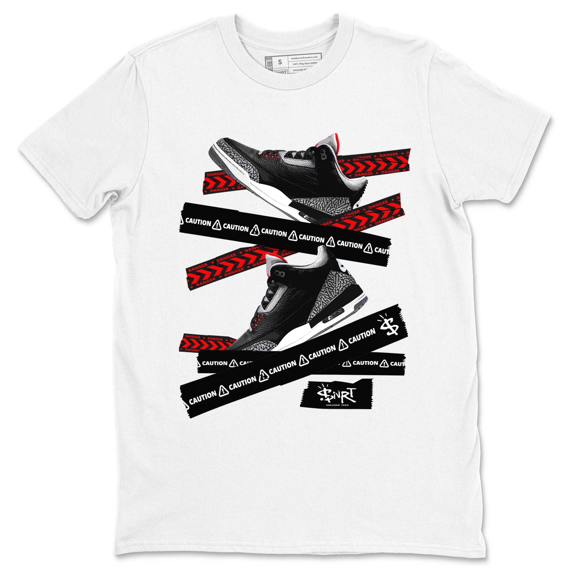 3s Black Cement shirts to match jordans Caution Tape sneaker match tees Air Jordan 3 Retro OG Black Cement match shoes to clothes SNRT Sneaker Tees unisex cotton White 2 shirts