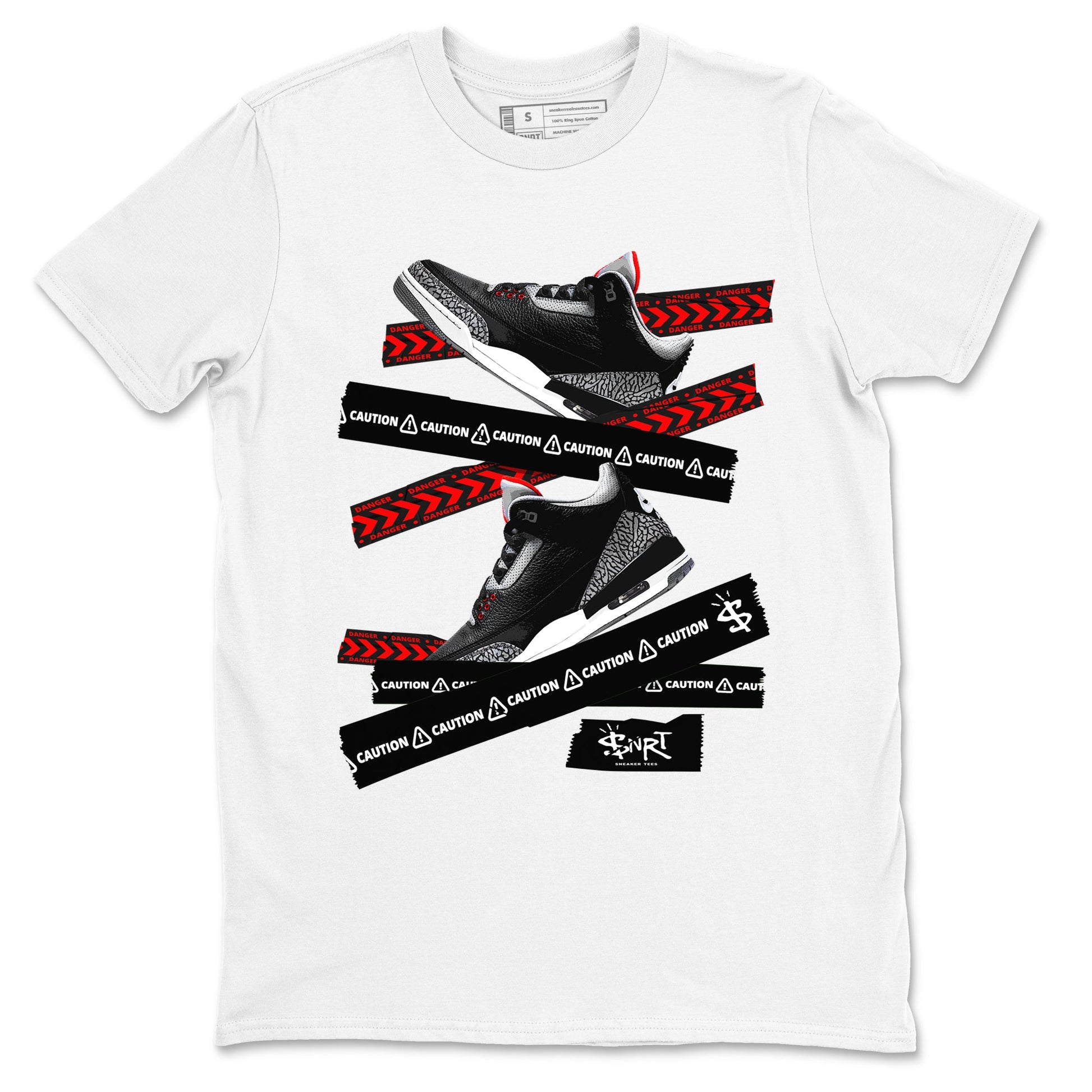 3s Black Cement shirts to match jordans Caution Tape sneaker match tees Air Jordan 3 Retro OG Black Cement match shoes to clothes SNRT Sneaker Tees unisex cotton White 2 shirts