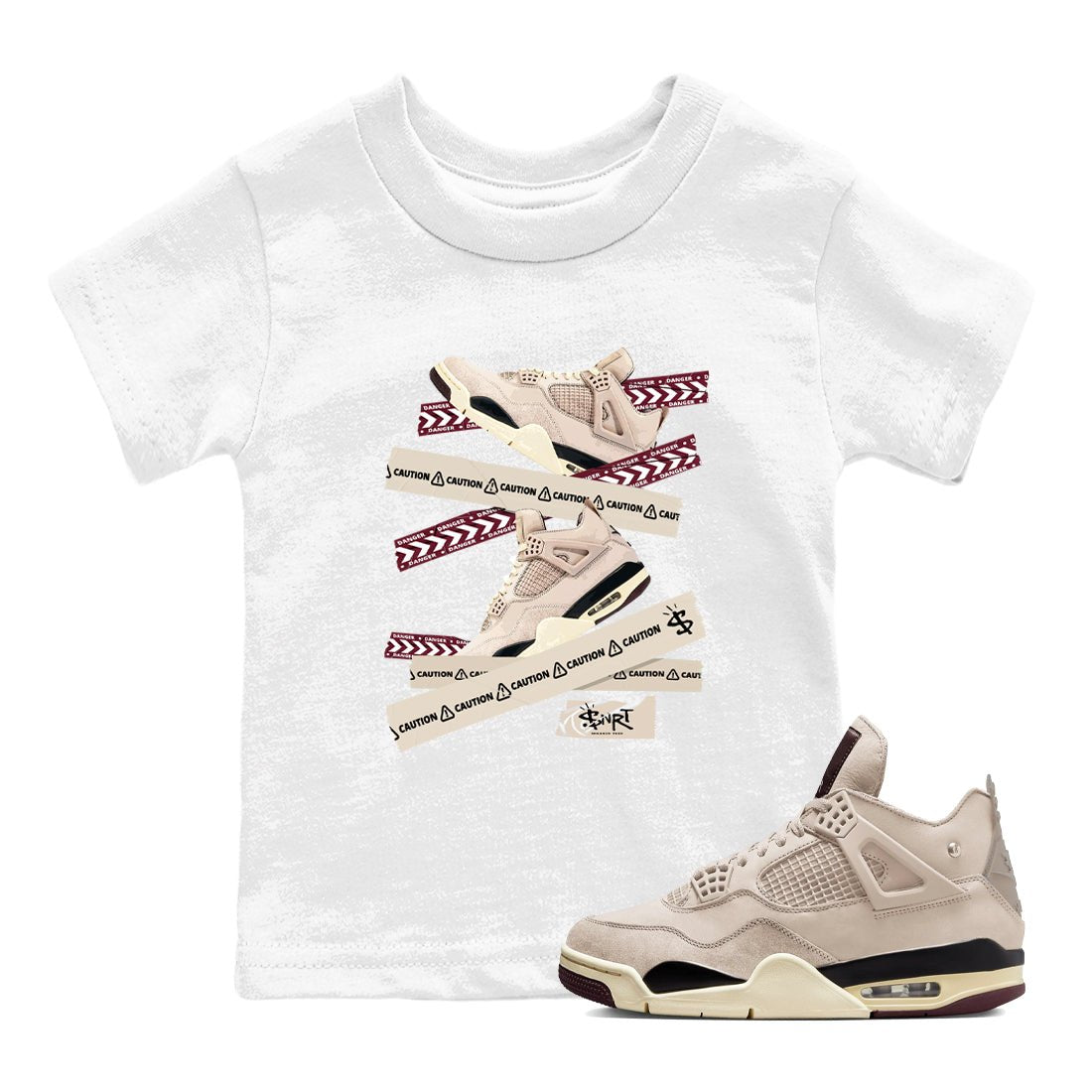 4s A Ma Maniere x Fossil Stone shirts to match jordans Caution Tape sneaker match tees Air Jordan 4 A Ma Maniere x Fossil Stone match shoes to clothes SNRT Sneaker Tees Youth Baby White 1 tee