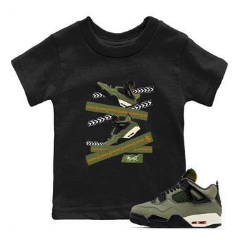 Sneaker match tees – Sneaker Tees To Match Undefeated inspired colorways Air Jordan 4 OG Olive Shoes  – Caution Tape Kids T-Shirt Black 1