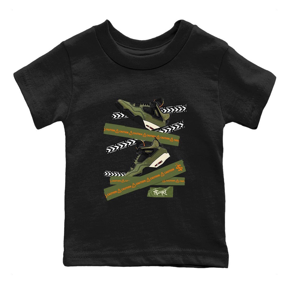 Sneaker match tees – Sneaker Tees To Match Undefeated inspired colorways Air Jordan 4 OG Olive Shoes  – Caution Tape Kids T-Shirt Black 2