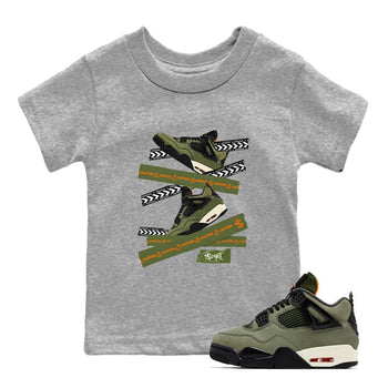 Sneaker match tees – Sneaker Tees To Match Undefeated inspired colorways Air Jordan 4 OG Olive Shoes  – Caution Tape Kids T-Shirt Heather Grey 1
