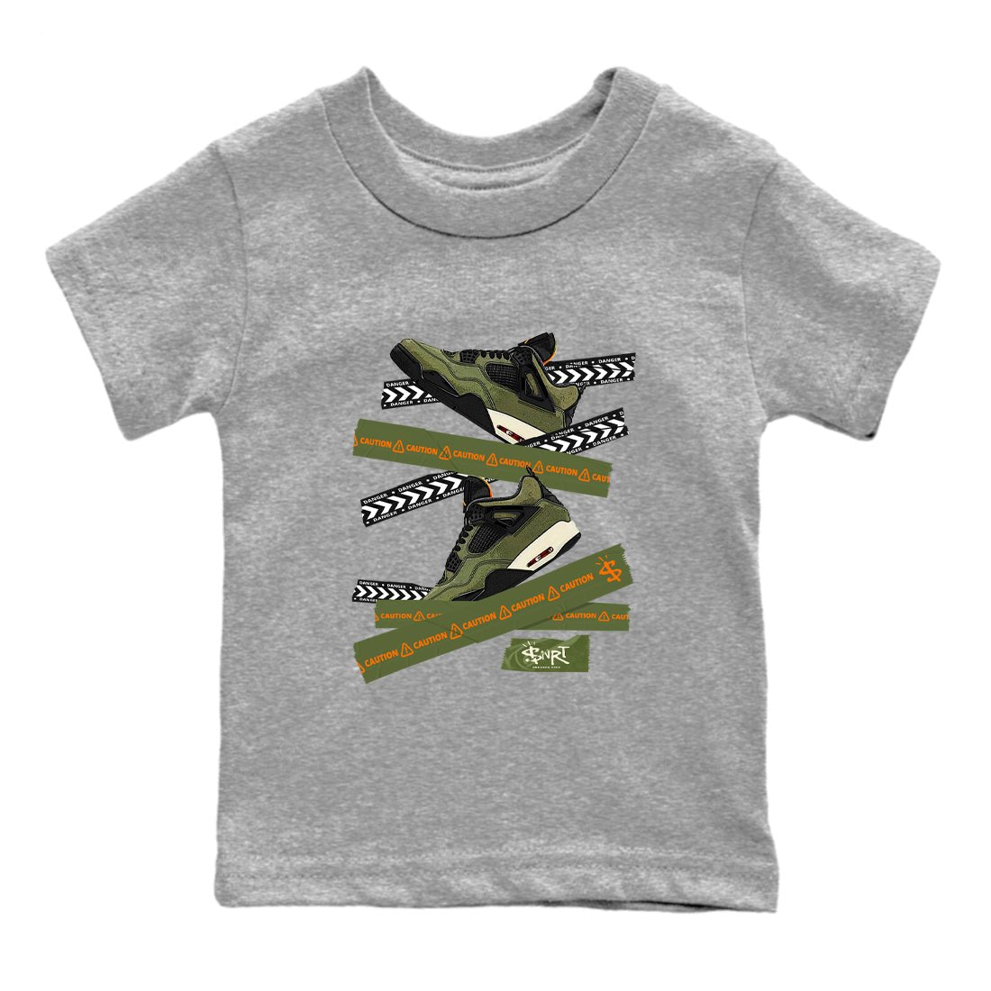 Sneaker match tees – Sneaker Tees To Match Undefeated inspired colorways Air Jordan 4 OG Olive Shoes  – Caution Tape Kids T-Shirt Heather Grey 2