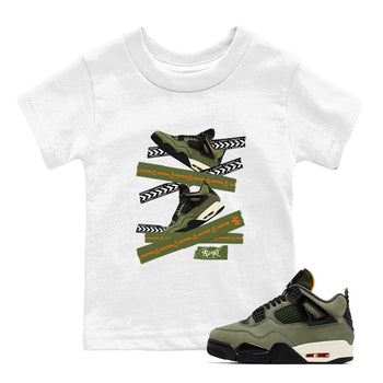 Sneaker match tees – Sneaker Tees To Match Undefeated inspired colorways Air Jordan 4 OG Olive Shoes  – Caution Tape Kids T-Shirt White 1