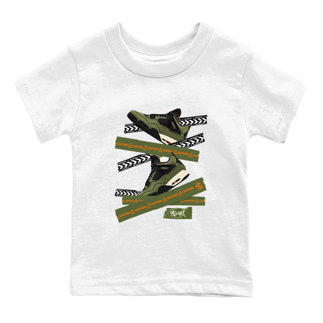 Sneaker match tees – Sneaker Tees To Match Undefeated inspired colorways Air Jordan 4 OG Olive Shoes  – Caution Tape Kids T-Shirt White 2