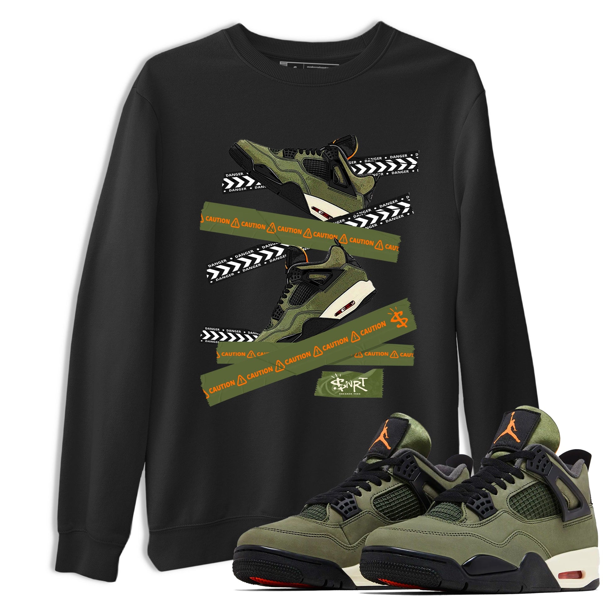 Sneaker match tees – Sneaker Tees To Match Undefeated inspired colorways Air Jordan 4 OG Olive Shoes  – Caution Tape Tee Black 1