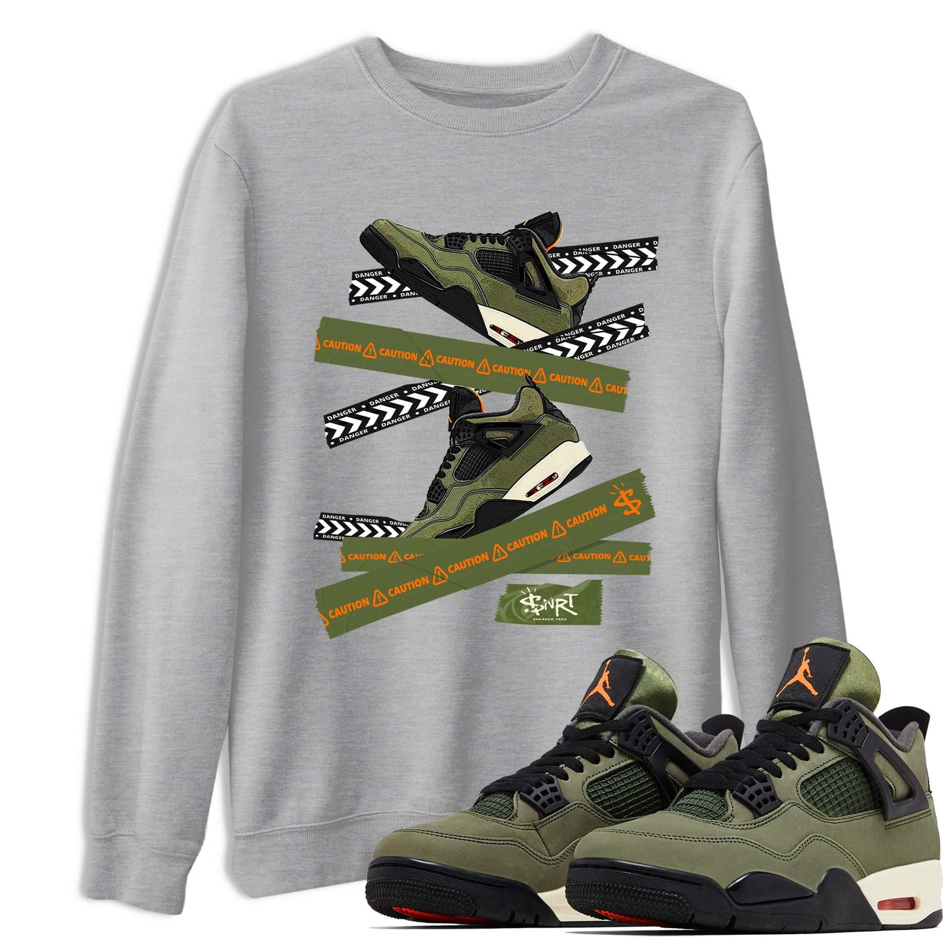 Sneaker match tees – Sneaker Tees To Match Undefeated inspired colorways Air Jordan 4 OG Olive Shoes  – Caution Tape Tee Heather Grey 1